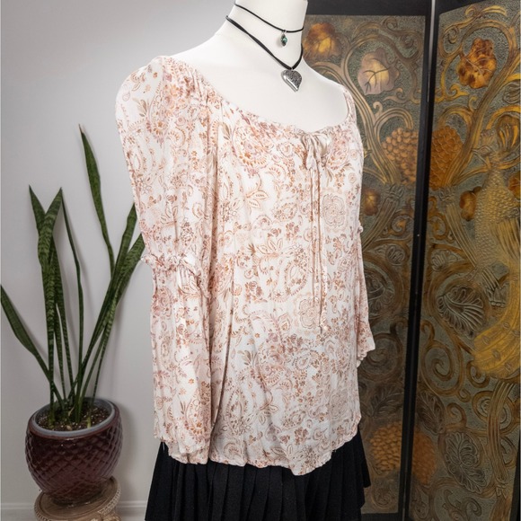 Boho Floral Peasant Top Cream Rayon Tie Front Status by Chenault Fairycore M - Picture 2 of 8